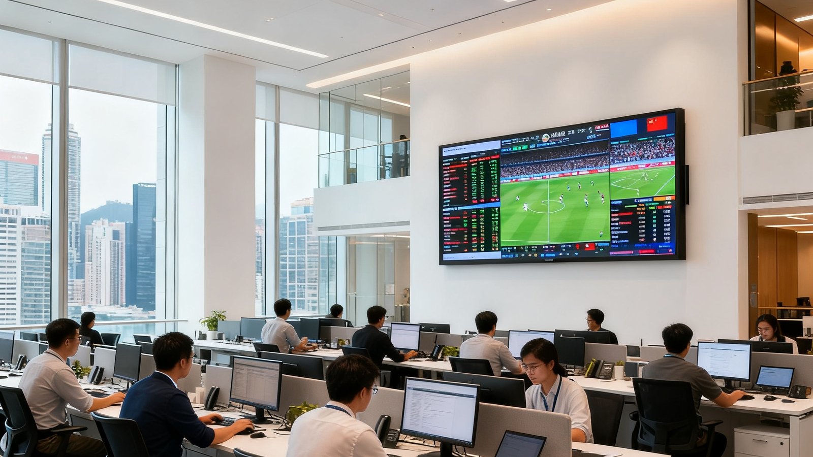 MK体育位于香港中环的现代化总部办公室内景，开放式的办公区域中数十名员工正在专注工作，墙上悬挂着大屏幕实时显示全球赛事数据