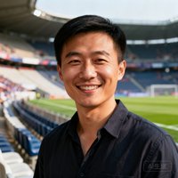 一位三十岁左右的中国男性球迷的半身肖像照，他穿着深色休闲衬衫，面带微笑站在足球场看台前