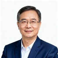 一位戴眼镜的中年男性专业人士的证件照风格肖像，他穿着深蓝色西装外套，表情沉稳而友好